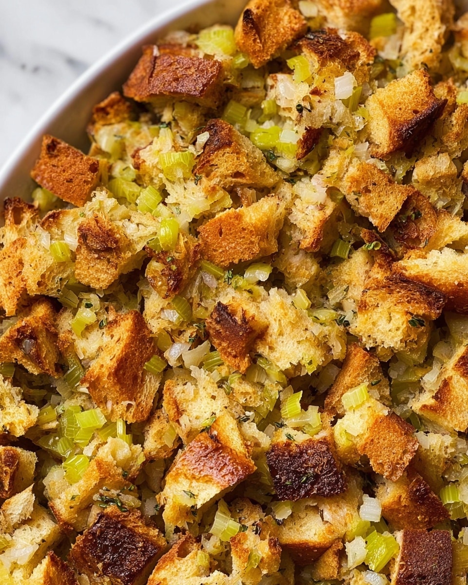 The image shows a close-up of a dish filled with layers of toasted bread cubes and chopped celery mixed with finely diced onions. The bread pieces are golden brown with some darker crispy edges, giving a crunchy texture. The celery and onions are small, pale green and white, lightly scattered throughout the bread, adding freshness and moisture. The surface beneath the dish is a white marbled texture, enhancing the contrast of the warm, earthy colors of the ingredients. photo taken with an iphone --ar 4:5 --v 7