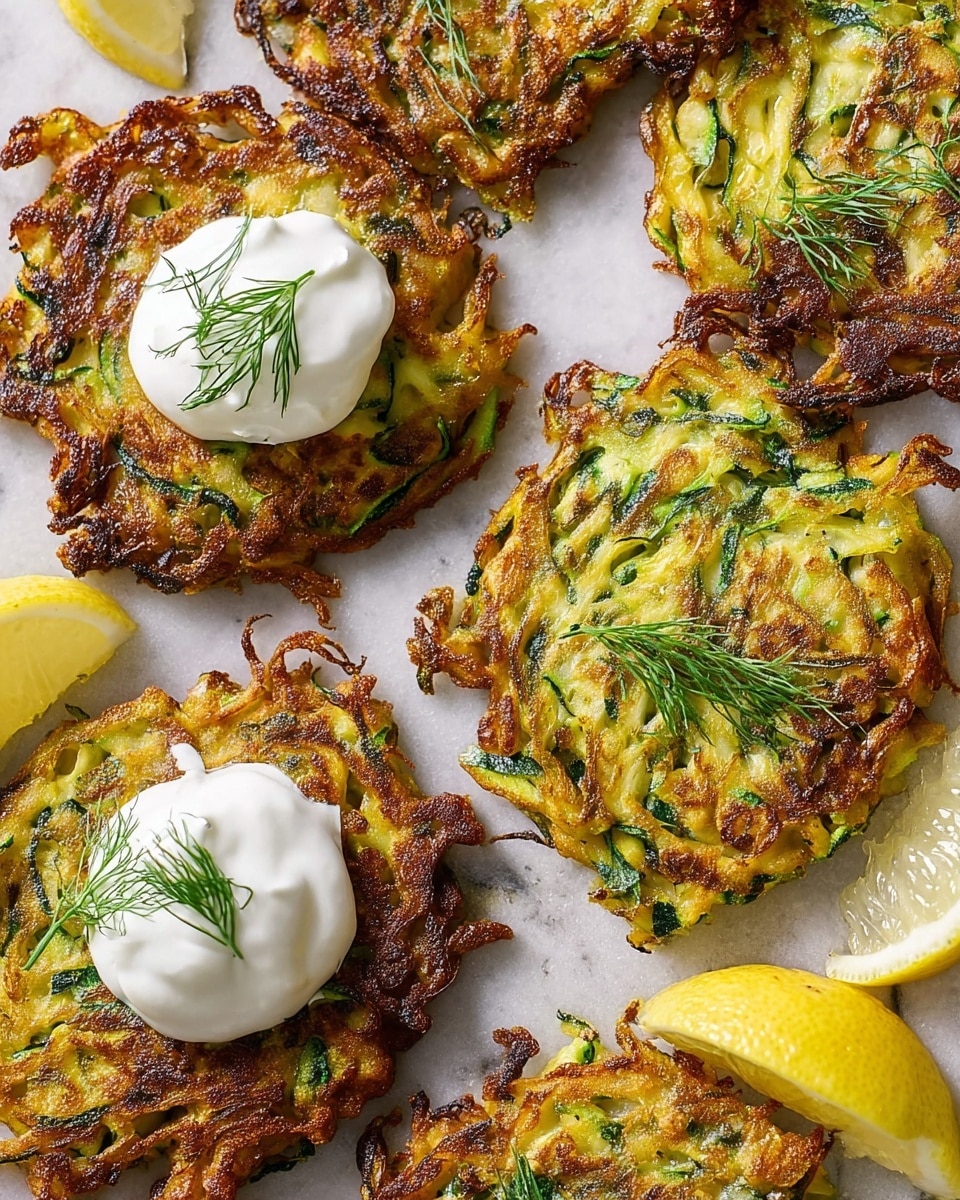 The image shows several golden-brown zucchini fritters with crispy edges, each topped with a dollop of white sour cream and a sprinkle of fresh green dill. The fritters have a textured surface with visible zucchini strands and herbs, arranged closely on a speckled white plate. Two lemon wedges with bright yellow peel and juicy interiors are placed on the side of the plate. The background features a clean white marbled surface, adding brightness to the warm colors of the dish. photo taken with an iphone --ar 4:5 --v 7