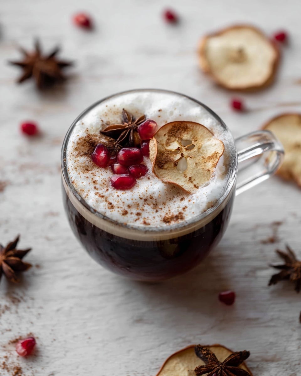 Two clear glass cups with handles are filled with a dark brown drink. One cup has a light brown dried fruit slice floating on top. The cups are placed on a white marbled surface, scattered with star anise, dried fruit slices, and a piece of pomegranate with red seeds showing. A whole red pomegranate is out of focus in the background. The light is soft and natural, highlighting the smooth surface of the drink and the textures of the spices and fruits. photo taken with an iphone --ar 4:5 --v 7