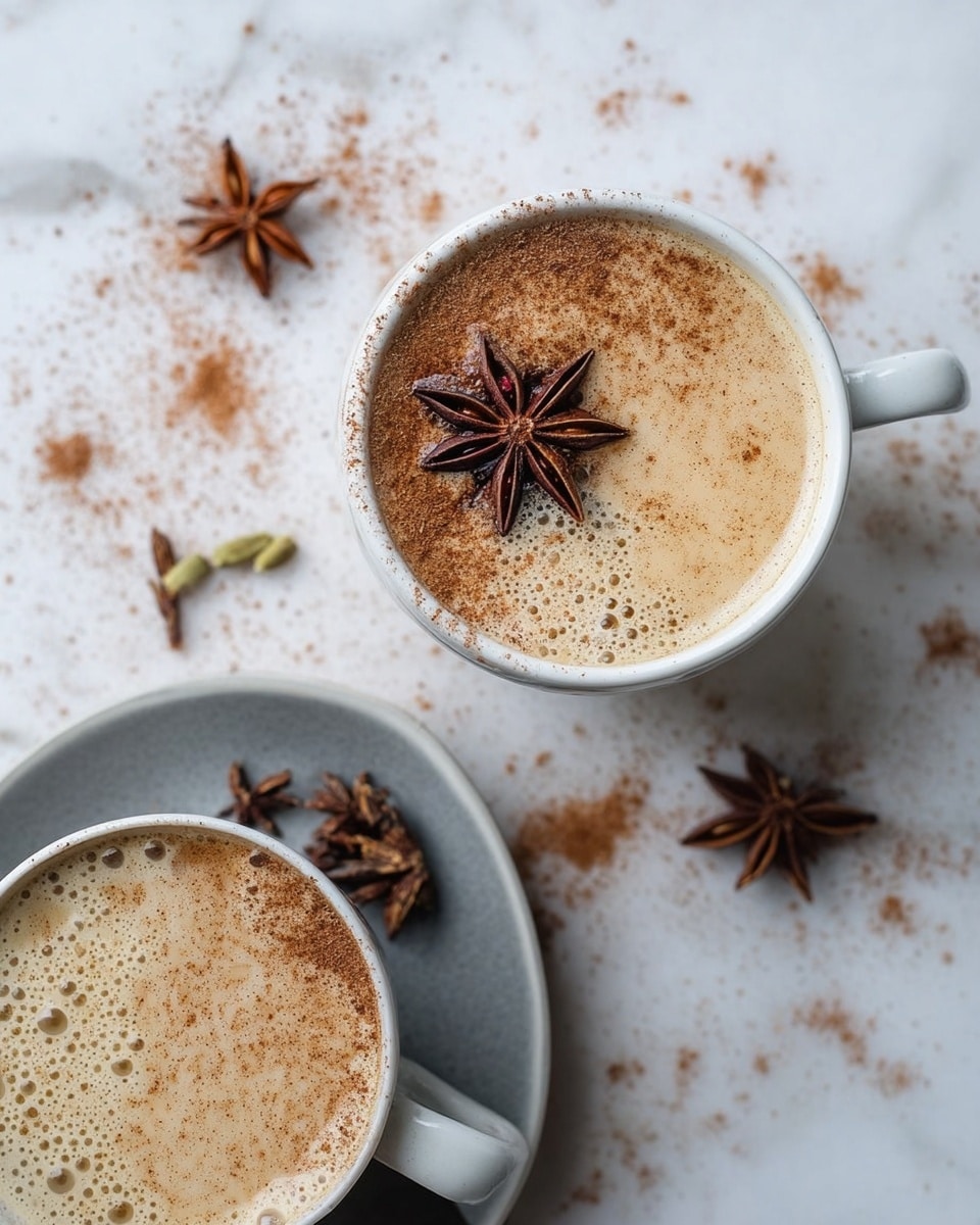 A close-up view of a black cup with a handle filled with a creamy light brown drink topped with a layer of frothy foam sprinkled with fine dark brown powder. The cup is placed on a white marbled surface with some dark brown star anise beside it. In the foreground, a white bowl with scattered light brown and golden powder remnants is partially visible. Photo taken with an iphone --ar 4:5 --v 7