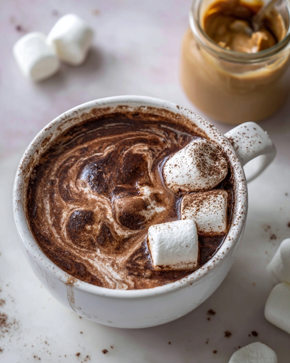 A white cup filled with dark, rich hot chocolate forms the base layer, topped with a swirl of white cream that is softly mixed into the hot chocolate creating a marbled effect with light and dark brown swirls. Floating on the surface are small, puffy marshmallows lightly dusted with cocoa powder, adding texture and contrast. The cup handle is visible on the right side, and the cup sits on a white marbled surface with soft, neutral tones in the background. photo taken with an iphone --ar 4:5 --v 7