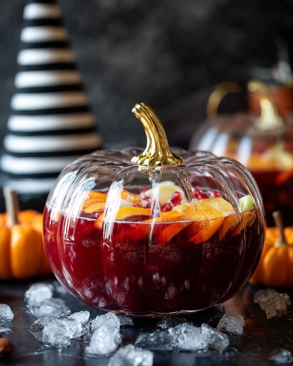 A clear glass pumpkin-shaped bowl with a golden stem on top, filled halfway with a deep red drink. Inside the drink, there are floating thin slices of orange, apple, and small pieces of fruit. The bowl sits on a dark surface with scattered small ice chunks in front. Around the bowl, there are small orange pumpkins and a soft-focus black and white striped witch hat decoration, all set against a dark background. photo taken with an iphone --ar 4:5 --v 7