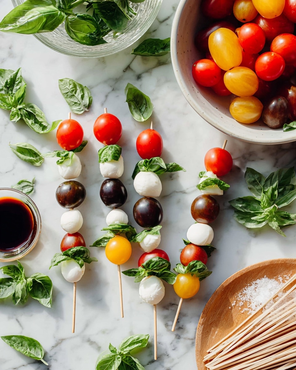 The image shows several small skewers with three layers each: a red, yellow, or dark cherry tomato on top, fresh green basil leaves in the middle, and a white mozzarella ball near the bottom, all arranged on a white marbled surface. Around the skewers, there are scattered fresh green basil leaves and a white bowl filled with mixed colored cherry tomatoes in red, yellow, and dark shades to the right. There is also a small glass of dark balsamic vinegar at the top left and a small wooden bowl with salt on the right. A pile of wooden skewers lies near the bottom right corner. Photo taken with an iphone --ar 4:5 --v 7