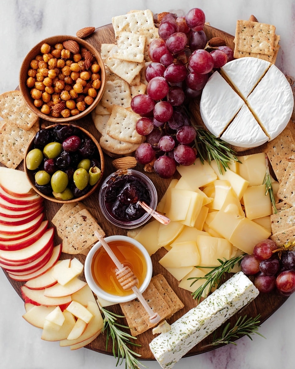 A wooden round board is filled with layers of different foods, starting with scattered red grapes in small bunches on top and around the edges. There are several stacks of sliced pale yellow cheese arranged in fan shapes on opposite sides of the board. A round white-wrapped cheese is cut into four pieces, placed near the top right with a honey dipper resting in a small white bowl of honey behind it. Next to the honey, red and green apple slices stand vertically in a small group. A small wooden bowl filled with green and black olives sits near the center, with a glass jar of red jam and a gold spoon inside it behind the bowl. There are lots of light-colored crackers and some almonds and hazelnuts scattered around the board, along with sprigs of green rosemary for garnish. The whole setup is on a white marbled surface. photo taken with an iphone --ar 4:5 --v 7
