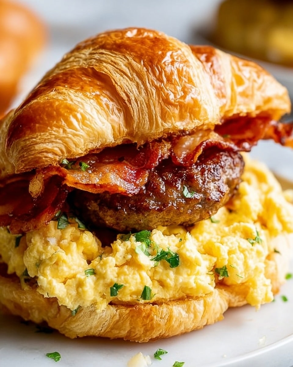 Six croissant sandwiches are placed on a white marbled surface. Each sandwich has three layers: a golden, flaky croissant on top and bottom with a soft, creamy yellow scrambled egg layer in the middle, topped with a browned sausage patty and a crispy strip of reddish-brown bacon. Small green herb bits are sprinkled on and around the sandwiches, and there are small drops of a light brown sauce on the surface. The overall look is warm and fresh. photo taken with an iphone --ar 4:5 --v 7