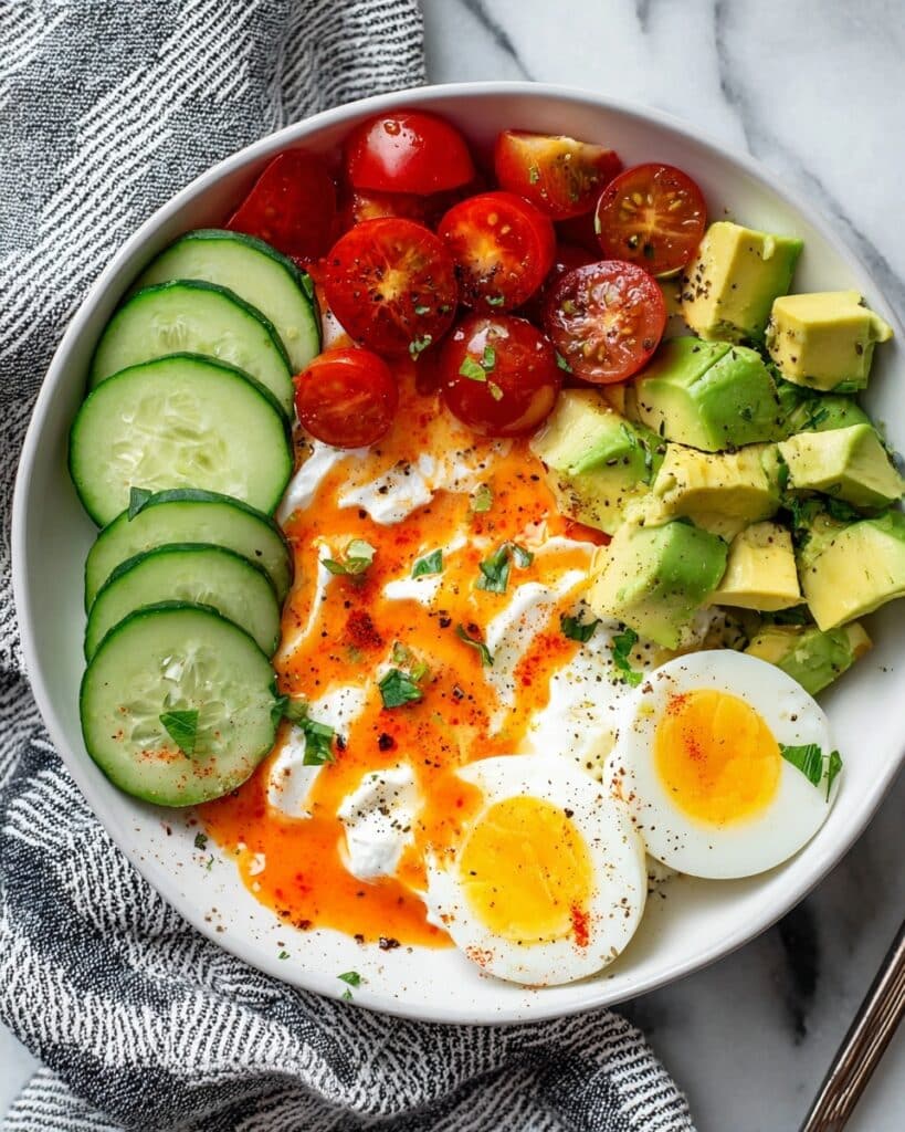 Cottage Cheese Breakfast Bowl with Hard Boiled Eggs, Avocado, and Grape Tomatoes Recipe