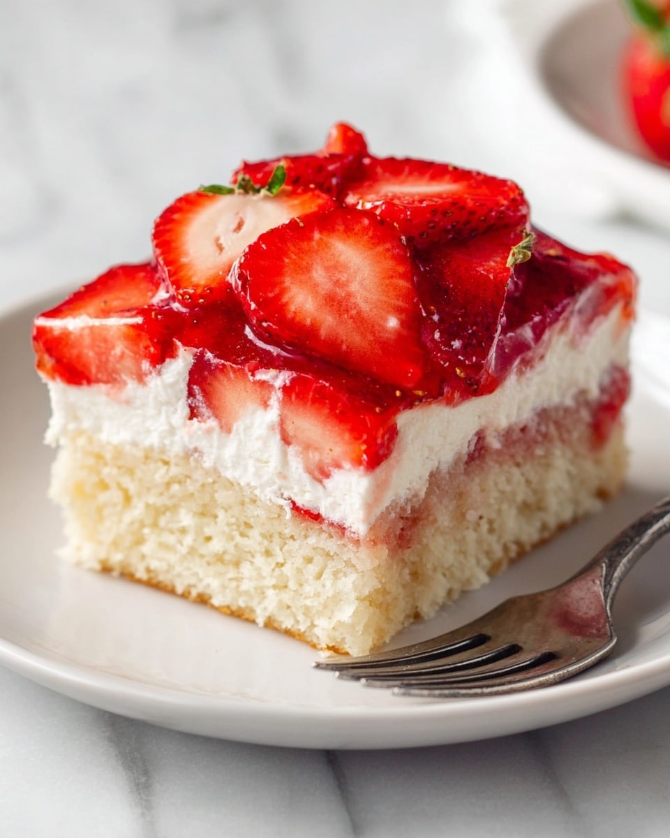 The image shows a dessert in a rectangular metal tray on a white marbled surface. The dessert has two main layers: the bottom layer is a thick, white creamy base spread evenly across the tray, and the top layer is a shiny, bright red strawberry topping with many halved and whole strawberries covered in a glossy red syrup. The strawberries are bright and fresh, with some green stems visible. The tray is placed slightly angled, with two vintage silver forks resting nearby on the white marbled surface and a white cloth partially visible in the corner. Photo taken with an iphone --ar 4:5 --v 7