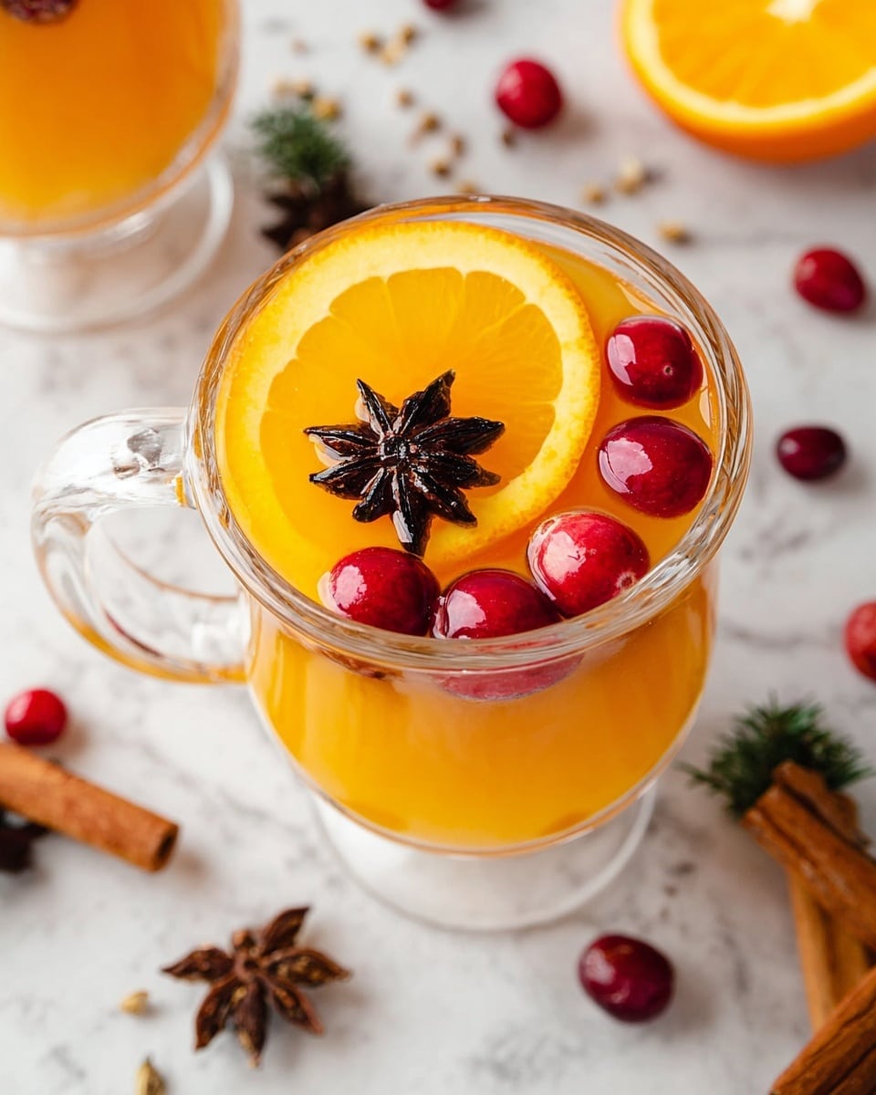 There are two clear glass mugs filled with a light orange drink, placed on a white marbled surface. Each drink has a floating thin orange slice near the top, with bright red cranberries and a dark brown star anise on top. The drink is smooth and clear, showing a reddish thin slice inside near the middle of the mugs. Scattered around the mugs are fresh cranberries and dried orange slices. In the background, some green pine branches with brown pine cones blur softly. Photo taken with an iphone --ar 4:5 --v 7