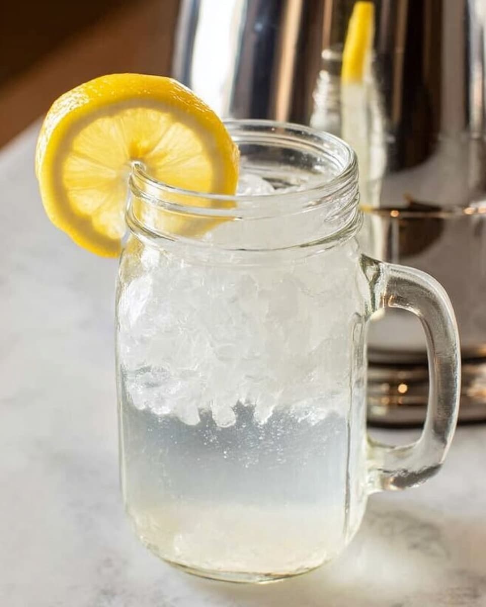 A clear glass jar with a handle is filled with crushed ice and water, showing a chilled, refreshing drink. On top, a bright yellow lemon slice is placed on the rim, adding a pop of color. The jar sits on a white marbled surface with a shiny stainless steel pot or kettle reflected softly in the background. The scene is well lit and crisp, emphasizing the coolness of the drink. Photo taken with an iphone --ar 4:5 --v 7