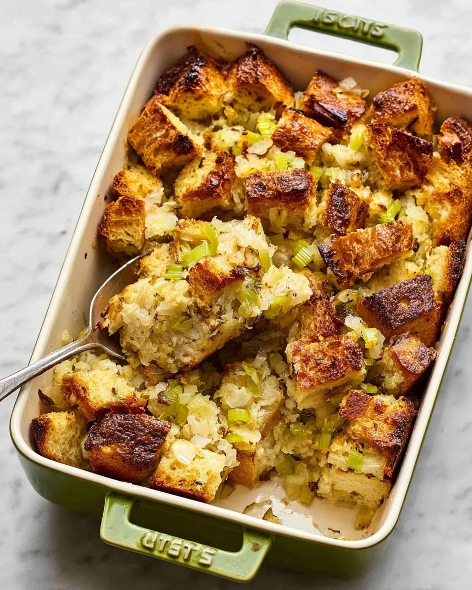 A white rectangular baking dish with green handles holds a layered bread casserole. The dish is filled with many large chunks of toasted bread that are golden brown and slightly crispy on the top. Between the bread pieces, there are bits of cooked celery and onion, pale green and white in color, mixed throughout the layers. A spoon is placed inside the dish, lifting a portion of the casserole, showing thick, soft bread layers underneath the crunchy top. The casserole sits on a white marbled surface. Photo taken with an iphone --ar 4:5 --v 7