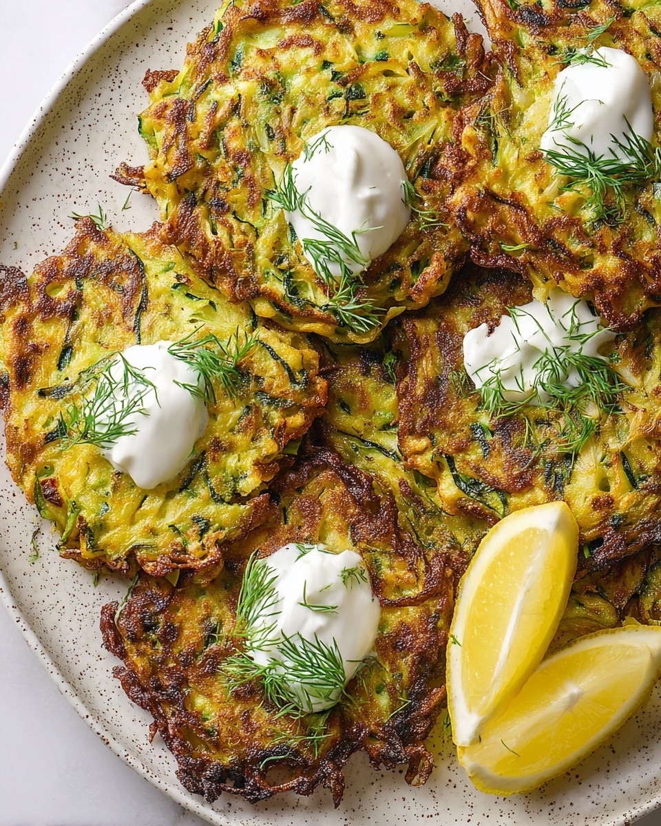 The image shows several golden-brown zucchini fritters on a white marbled surface. Each fritter has a rough, crispy texture with thin, green zucchini strands visible throughout. Two fritters have a dollop of white sour cream on top, garnished with small sprigs of fresh green dill. There are two lemon wedges placed on the side, adding a pop of bright yellow color. The overall arrangement is close up and fills the frame, showing the detailed textures and colors of the fritters and garnishes. Photo taken with an iphone --ar 4:5 --v 7