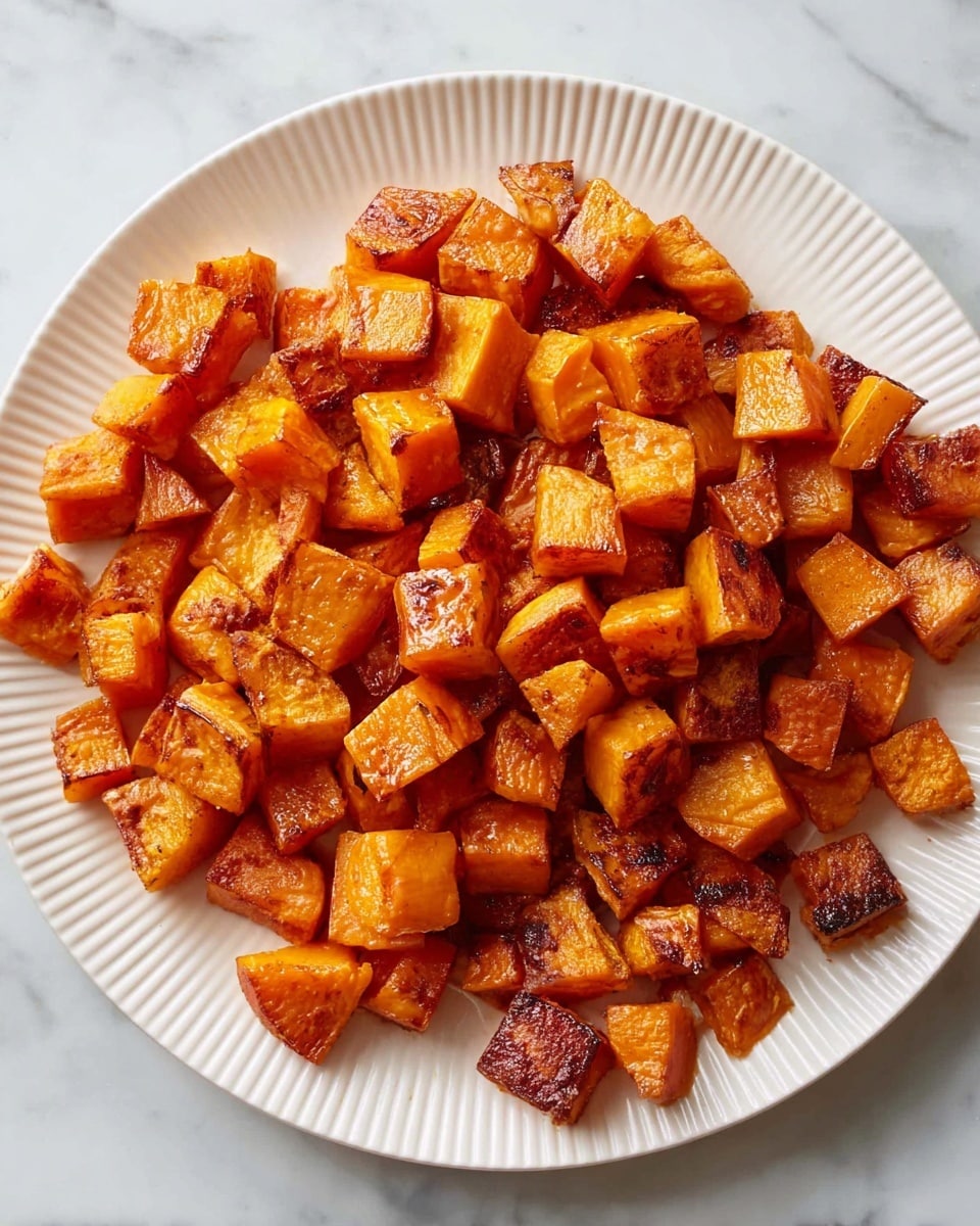 The image shows a white ridged plate filled with many small cubes of roasted orange-colored sweet potatoes. Each cube has a glossy, slightly caramelized surface with some browned edges giving texture and color contrast. The pieces are piled evenly across the plate, showing a mix of smooth and crispy areas on the sweet potato cubes. The plate is placed on a white marbled surface. photo taken with an iphone --ar 4:5 --v 7