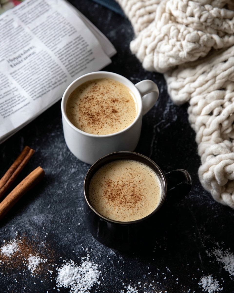 Two cups of light brown frothy coffee with a sprinkle of cinnamon powder on top are placed side by side on a dark surface with scattered white flakes and cinnamon sticks at the bottom left. One cup is white and the other is black, both with handles facing outward. In the upper right, a chunky cream knitted blanket rests partially on a dark fabric. At the top left corner, a rolled newspaper with a plant peeking out sits on the surface. The setting is cozy with a mix of soft and rough textures. photo taken with an iphone --ar 4:5 --v 7