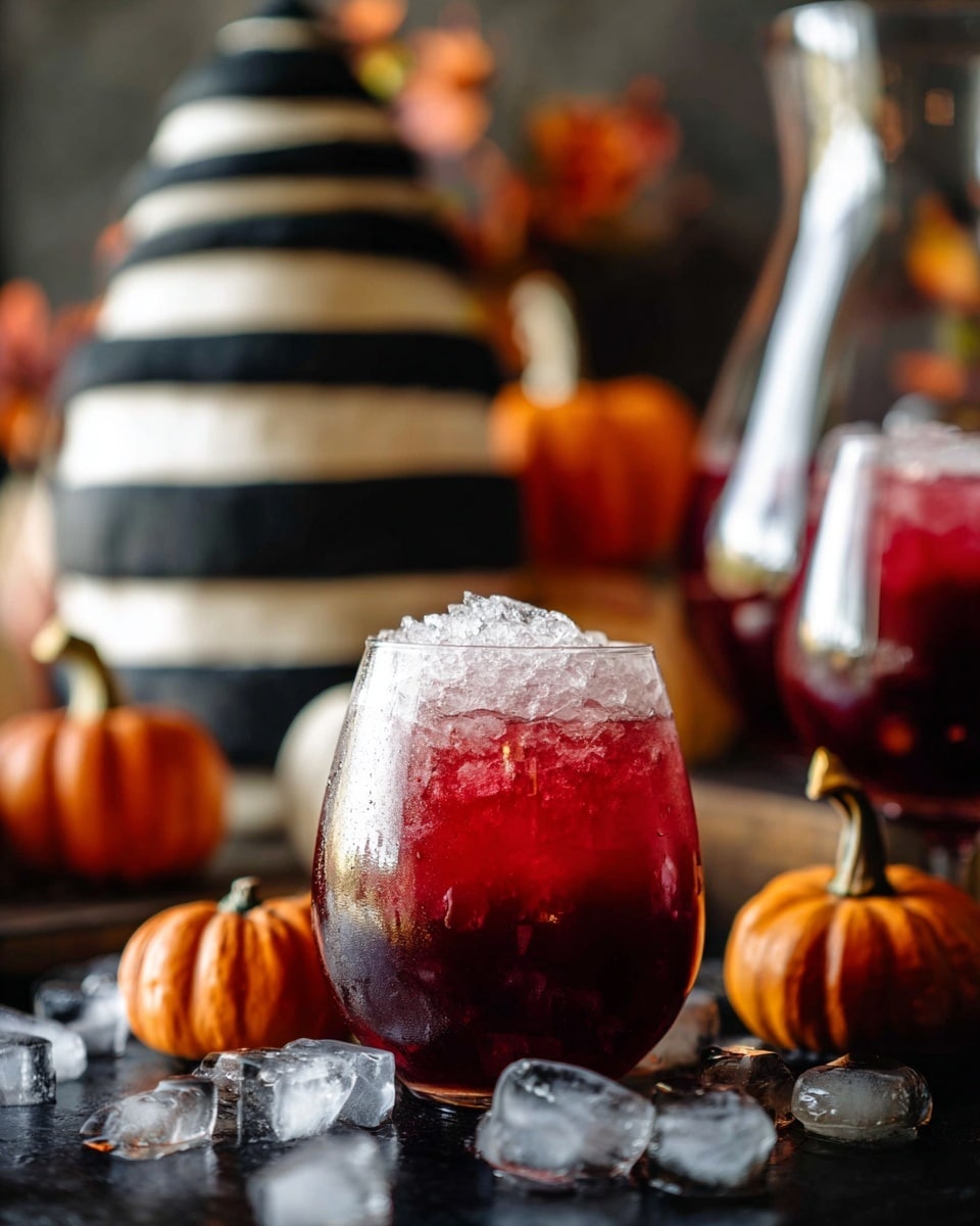 A round glass with gold rim holds a layered drink starting with a deep red liquid topped by crushed ice, with small dark berries placed on top. The glass sits on a dark surface scattered with ice pieces and surrounded by fresh orange tangerine, a red apple, and small pumpkins. In the background, a large clear ribbed glass pitcher contains more of the red drink. Behind that, a tall striped object with black and white bands adds visual interest. The setting contrasts warm colors of the fruit and drink against dark tones. photo taken with an iphone --ar 4:5 --v 7
