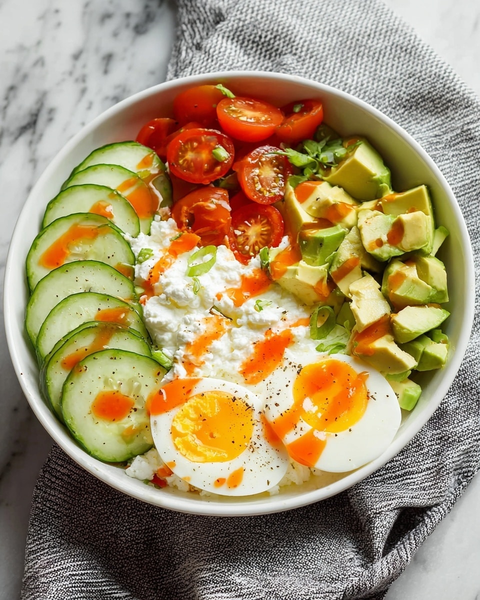 A white bowl holds a fresh and colorful dish arranged in sections. At the bottom right are two halves of a hard-boiled egg with bright yellow yolks and smooth white edges, sprinkled lightly with black pepper. Next to the eggs, thinly sliced cucumber rounds in light green with darker green skins are stacked slightly overlapping along the left side. Above the eggs and cucumbers, there is a creamy white layer of cottage cheese with visible curds, drizzled with an orange-red sauce. To the top right, diced avocado pieces in various shades of green, some with a bit of darker skin attached, add texture. In the top left section, halved cherry tomatoes show their juicy red insides with tiny seeds, adding a strong pop of red color. Small green herb leaves are scattered lightly over the dish. The bowl sits on a gray and white striped cloth over a white marbled surface. Photo taken with an iphone --ar 4:5 --v 7