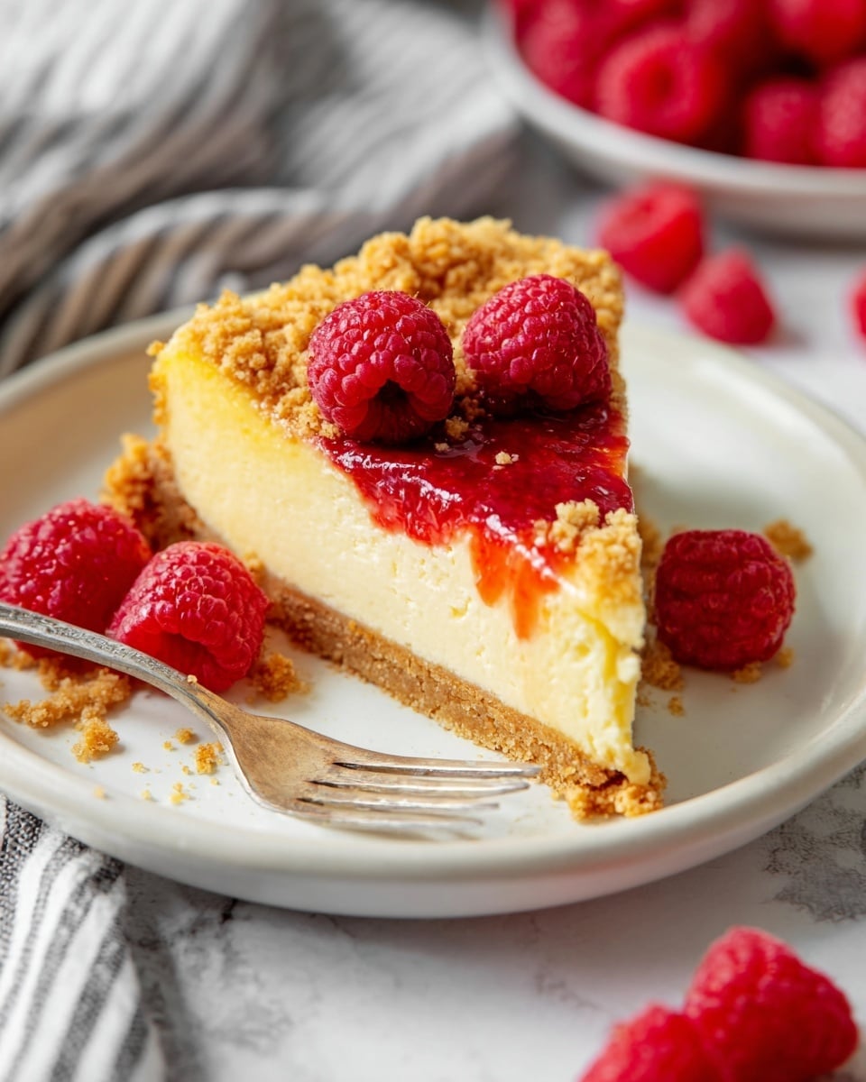 A slice of creamy yellow cheesecake sits on a white plate with a white marbled texture surface. The cheesecake has three visible layers: a crumbly light brown crust at the bottom, a thick smooth pale yellow middle layer, and a glossy red raspberry topping arranged in a semi-circle near the crust. The top of the cheesecake is sprinkled with crumbly brown streusel and decorated with three fresh, bright red raspberries. Scattered fresh raspberries and a silver fork rest beside the cheesecake on the plate. The background shows more scattered raspberries and a gray striped cloth. Photo taken with an iphone --ar 4:5 --v 7