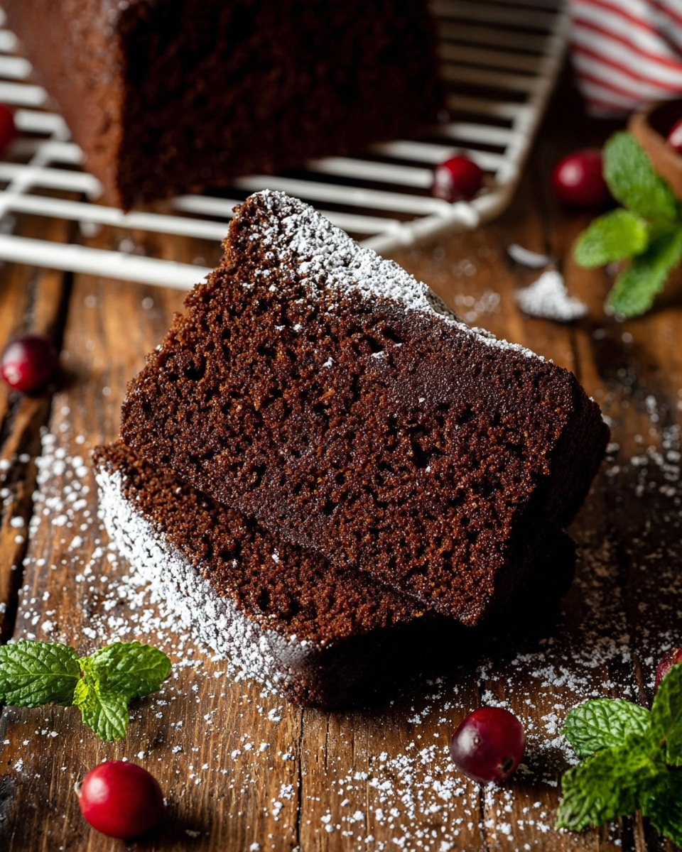 The image shows two thick slices of dark brown cake with a soft and moist texture visible inside. The top edges of the slices have a light dusting of white powdered sugar. The slices rest on a rustic wooden surface scattered with more powdered sugar and a few small red cranberries and fresh green mint leaves near them. Behind the slices, there are more pieces of the same cake stacked on a white cooling rack. The overall scene feels warm and festive, with a cozy homemade look. Photo taken with an iphone --ar 4:5 --v 7