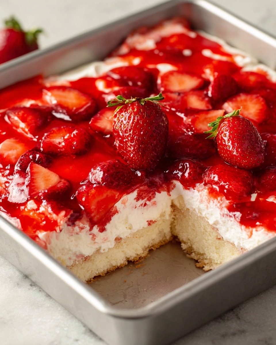 A close-up view of a three-layer strawberry dessert in a silver baking pan placed on a white marbled surface. The bottom layer is a soft, light-colored cake base with a slightly crumbly texture. Above it is a thick, smooth white cream layer spread evenly. The top layer consists of bright red strawberries, some halved and some whole, covered in a shiny red glaze that looks juicy and fresh. Two whole strawberries rest in the empty corner of the pan where a square piece has been taken out. Photo taken with an iphone --ar 4:5 --v 7