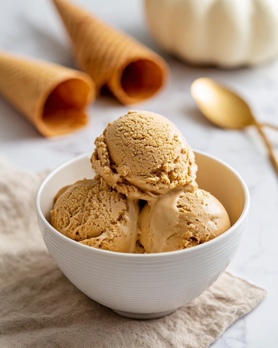 The image shows three scoops of light brown ice cream with a slightly rough texture, placed inside a white bowl with subtle ridges. A small drip of ice cream melts down the side of the front scoop. The bowl sits on a beige cloth on a white marbled surface. In the background, there are two empty waffle cones lying on the surface and a white pumpkin. Next to the bowl, a gold and white spoon is placed on the cloth. The lighting is soft and natural, creating a warm and inviting feel. photo taken with an iphone --ar 4:5 --v 7