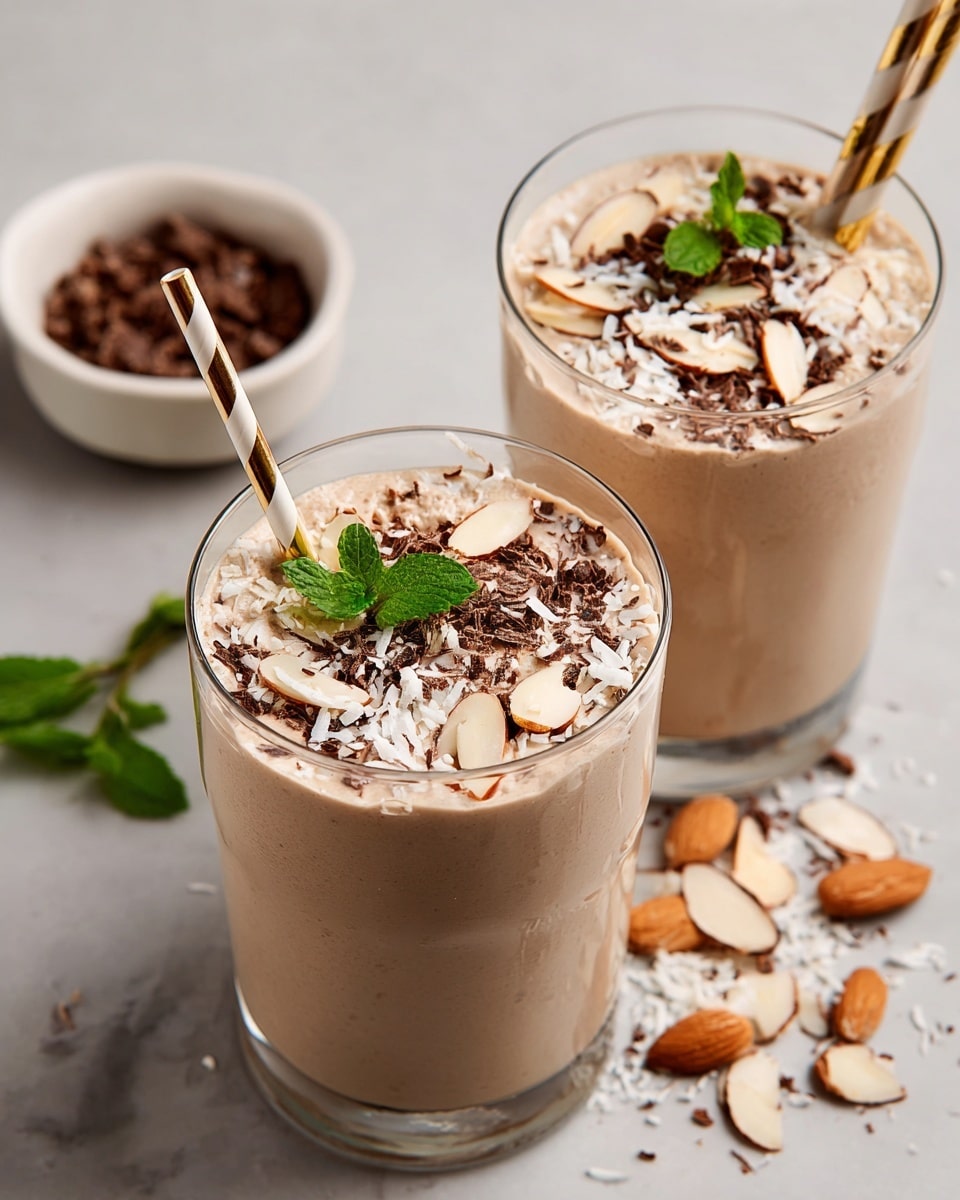 Two clear glasses filled with a smooth light brown smoothie are shown, each topped with shredded white coconut, thin dark chocolate shavings, and a small green mint leaf in the center. The glasses sit on a white marbled surface with some sliced almonds scattered nearby, alongside a small white bowl of chocolate shavings. In the background, a blurred bag of sliced almonds is visible. Two white and brown striped paper straws rest on a folded dark cloth napkin to the right of the glasses. Photo taken with an iphone --ar 4:5 --v 7