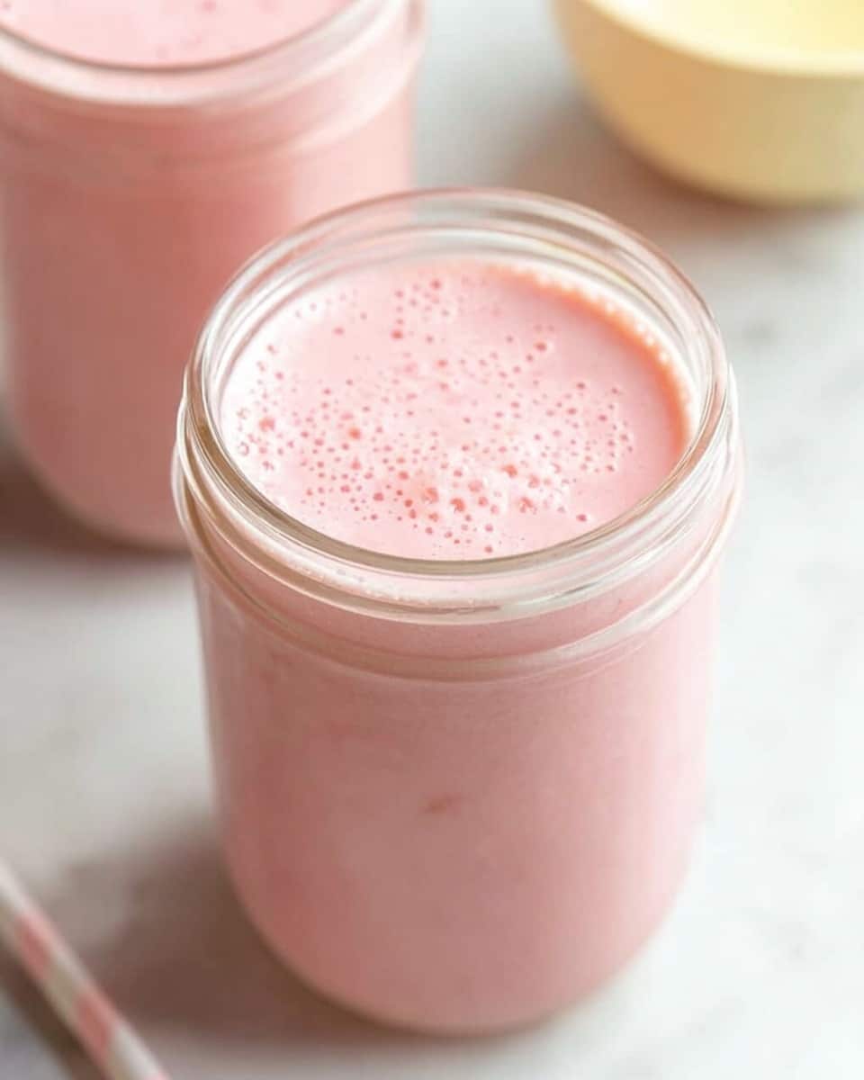 The image shows two clear glass jars filled with a smooth, light pink smoothie that has tiny bubbles on the surface, giving it a creamy look. The jars sit on a white marbled surface, and in the background, there is a blurred yellow spoon and white straws that add soft color contrast without taking attention from the jars. The top layer is even and glossy, with no toppings or decorations. The overall feel is fresh and simple. Photo taken with an iphone --ar 4:5 --v 7