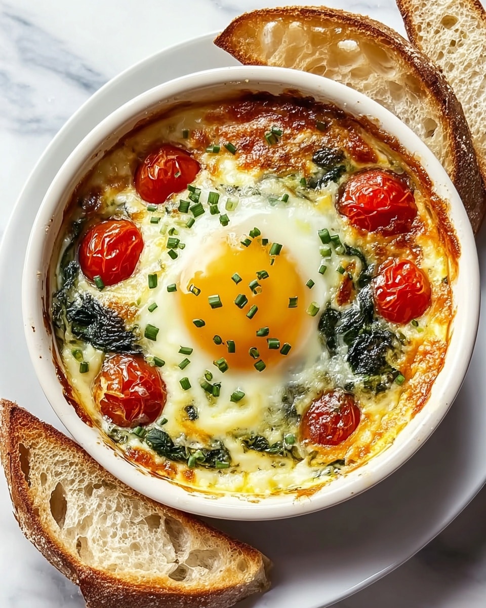 A round white ramekin holds a baked dish with three main layers. The bottom layer is a creamy, slightly browned base with melted cheese visible around the edges. The middle layer has scattered dark green spinach leaves and bright orange melted cheese pieces. On top sits a perfectly cooked egg with a bright yellow yolk in the center, surrounded by white egg whites. Around the egg, there are nine small roasted cherry tomatoes, some showing slight charring, and chopped fresh green herbs sprinkled over everything. The ramekin is placed on a white marbled surface. Photo taken with an iphone --ar 4:5 --v 7