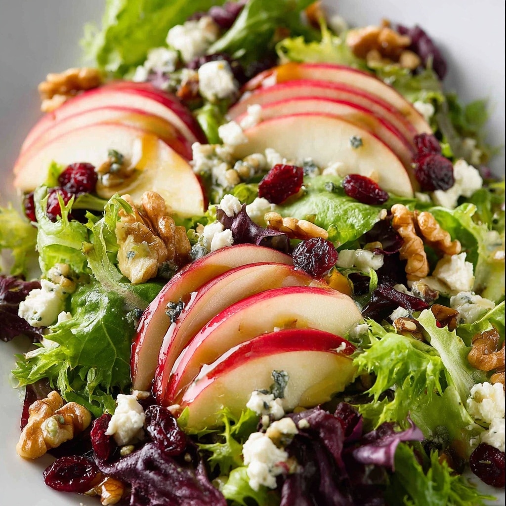 The image shows a fresh salad with layers of green leafy lettuce as the base, covered with thin slices of red and white apple arranged in semi-circles on top. Scattered across the salad are white crumbly cheese bits and small dark red dried cranberries. There are also light brown walnut pieces and green pumpkin seeds sprinkled over the salad. The whole dish looks lightly drizzled with dressing and a sprinkle of black pepper adds texture. The background is a white marbled surface. photo taken with an iphone --ar 4:5 --v 7