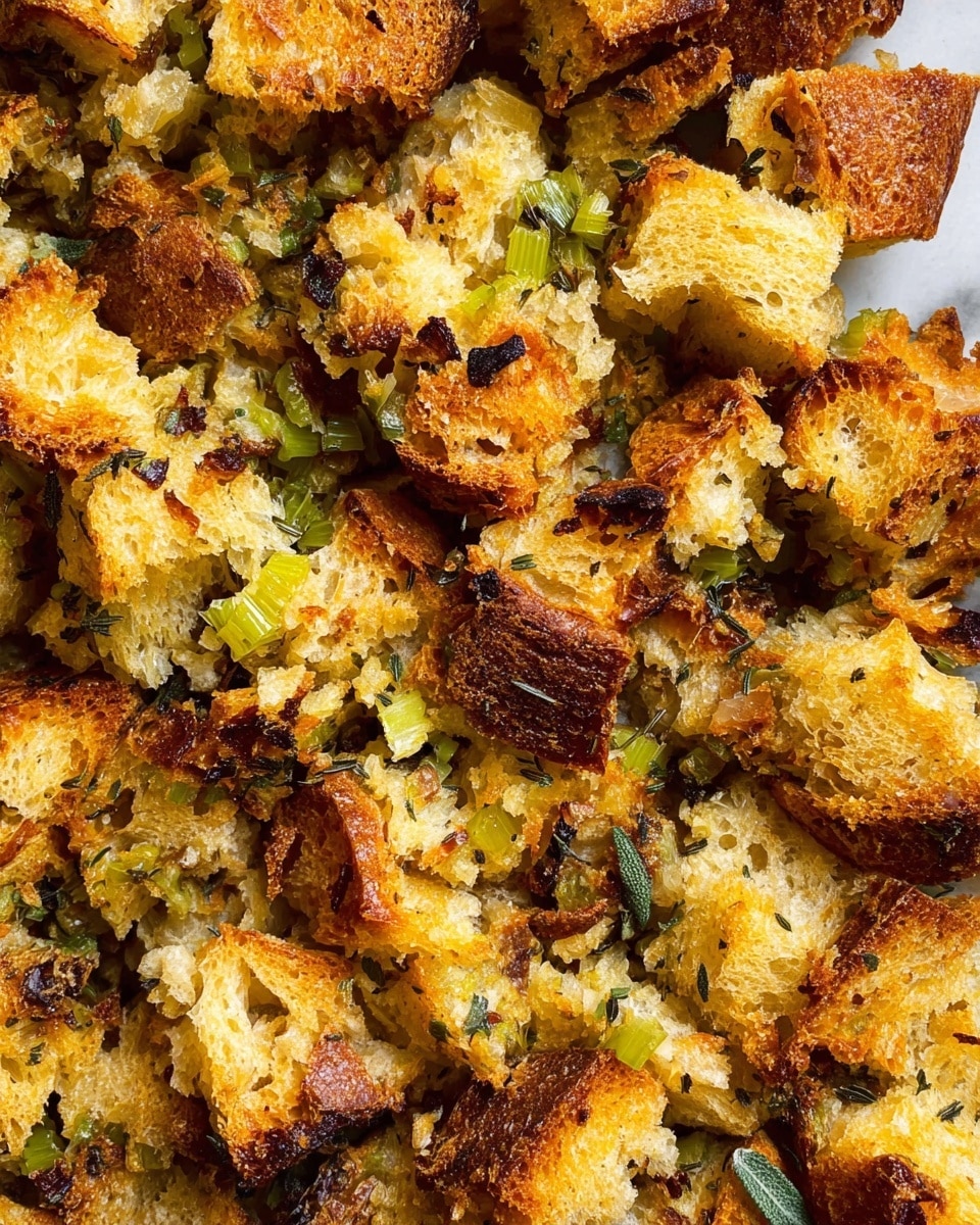 The image shows a close-up of a baked dish made of uneven pieces of bread that are golden brown and crispy on the outside and soft inside. Small bits of green celery and some flecks of herbs like sage are mixed throughout, adding texture and color contrast. The bread pieces have a rough, toasted surface with some darker toasted edges, giving a crunchy look. The background is a white marbled texture. Photo taken with an iphone --ar 4:5 --v 7