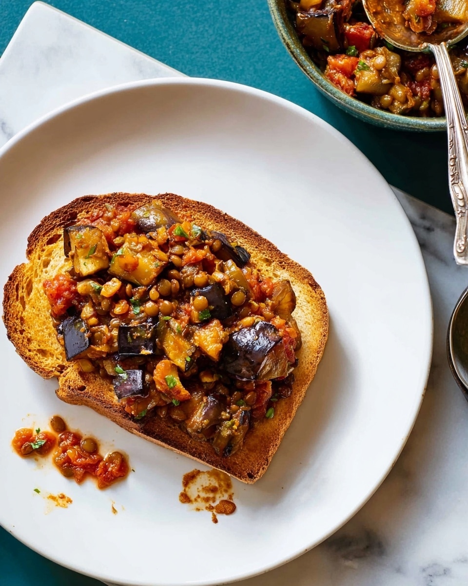A slice of toasted bread on a white plate is topped with a colorful vegetable mix. The first layer is the slice of warm, golden-brown toasted bread. On top is a layer of cooked eggplant pieces that are dark purple with a shiny texture. Mixed with the eggplant are small chunks of tomato, lentils, and bits of onion, showing a mix of red, orange, and light brown colors. Some vegetable sauce has spilled on the side of the plate, adding more red and orange hues. Part of a bowl with the same vegetable mix and a silver spoon inside is visible in the upper right corner. The background is a white marbled surface with a part of a blue-green table visible beneath the plate. Photo taken with an iphone --ar 4:5 --v 7