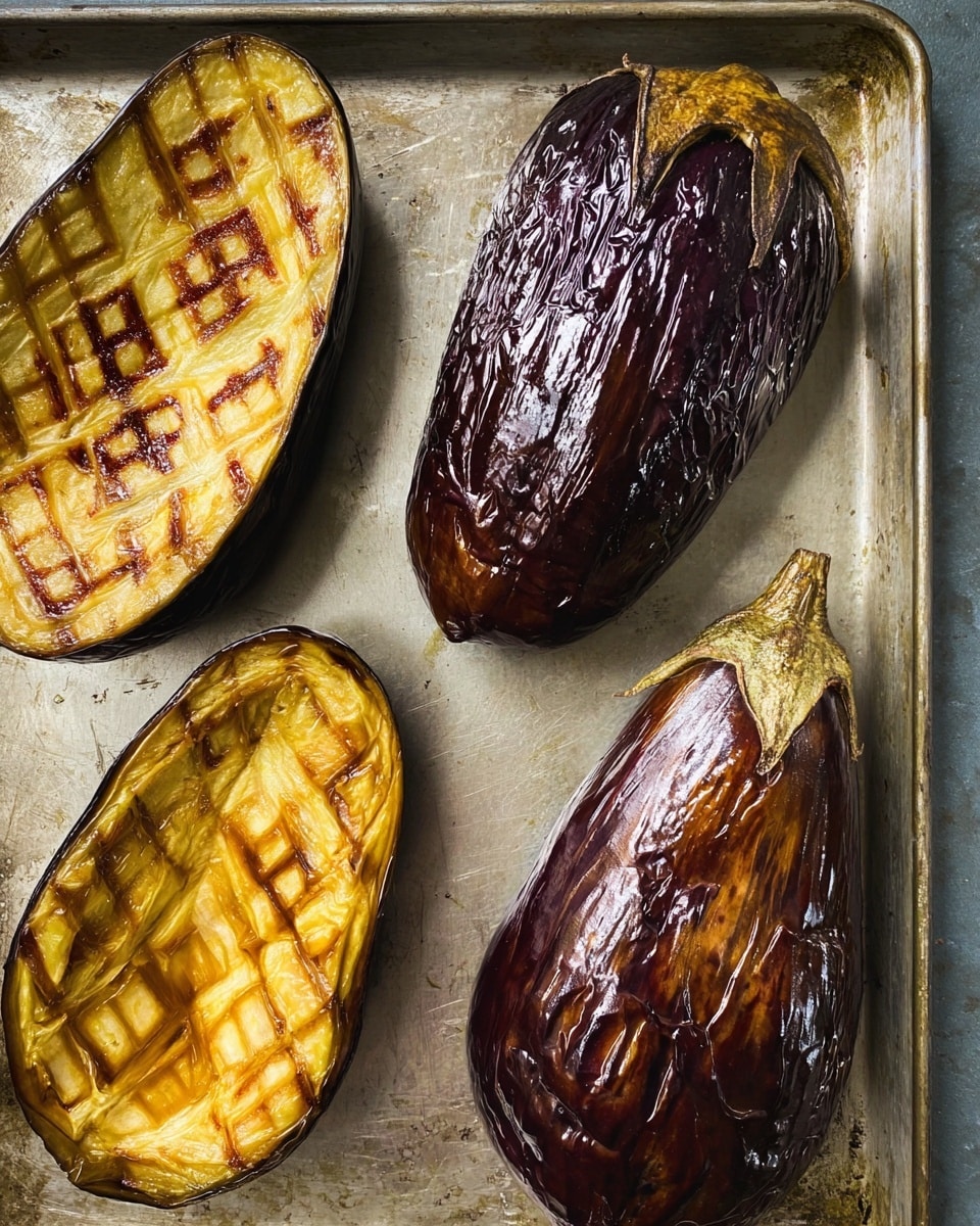 The image shows three halves of roasted eggplants on a white marbled surface. Each eggplant half is visually divided by a crisscross pattern of cuts on the soft, golden brown flesh inside, creating diamond-shaped segments. The skin on each half is dark purple and shiny, contrasting with the warm caramelized tones of the cooked flesh. The center eggplant half is the most focused, showing its crispy browned texture with some glossy oil spots, while the other two halves are partially visible on the sides. Photo taken with an iphone --ar 4:5 --v 7