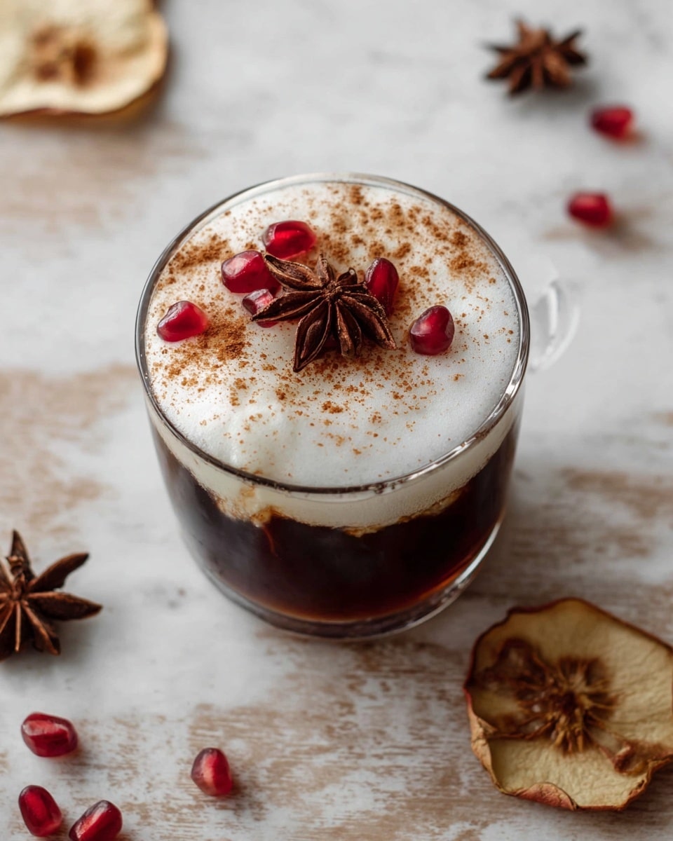 A clear glass cup holds a dark brown liquid layer topped with a thick white foam layer sprinkled with light brown spices. On the foam and slightly submerged in the liquid are small red pomegranate seeds and dried light brown apple slices with a crisp texture. Around the cup on a white marbled surface are scattered dried apple slices, star anise, and a few loose pomegranate seeds. Photo taken with an iphone --ar 4:5 --v 7