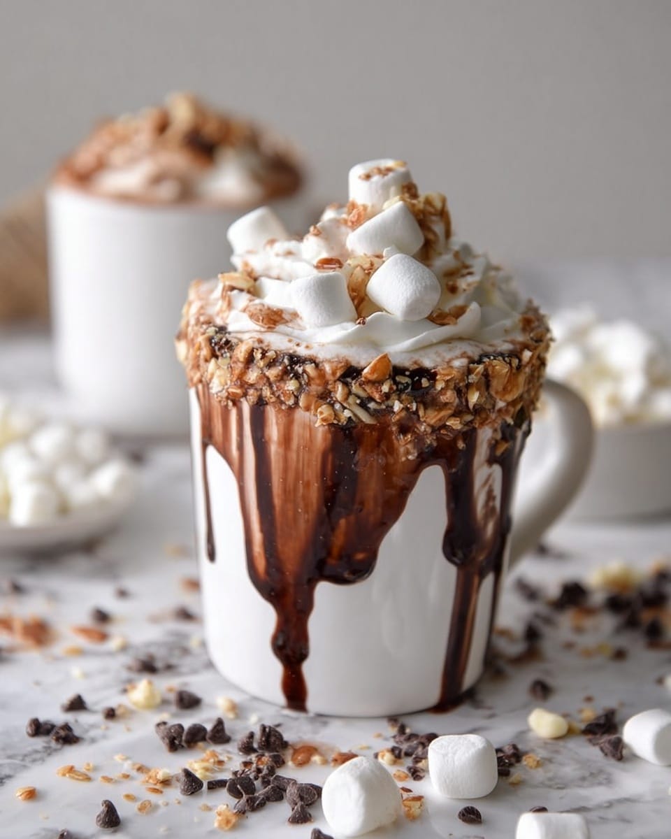 A white cup with a rough, nutty brown rim is being filled with warm chocolate liquid from a ladle above it. The dark brown chocolate looks smooth and thick as it pours down slowly into the cup. There is some steam rising around the cup, showing the drink is hot. The cup sits on a light wooden surface with a blurred black background behind it. Photo taken with an iphone --ar 4:5 --v 7