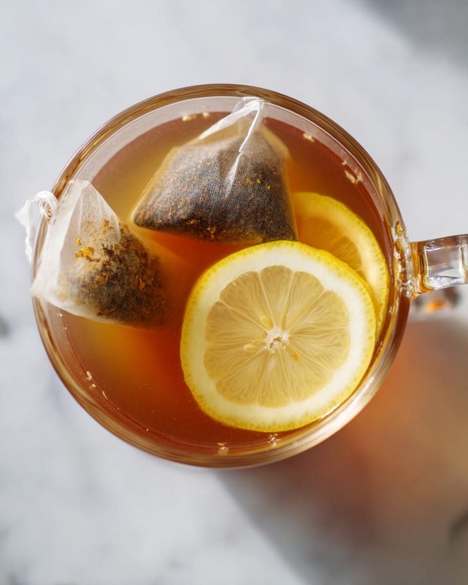 A clear glass cup filled with light brown tea shows two yellow lemon slices floating on the surface, along with two tea bags steeping inside. The cup is placed on a white marbled surface, with a blurred jar of golden honey and a lemon wedge visible in the background. The tea has tiny bubbles around the edges, and the glass cup has a smooth, rounded shape with a small spout on one side. photo taken with an iphone --ar 4:5 --v 7