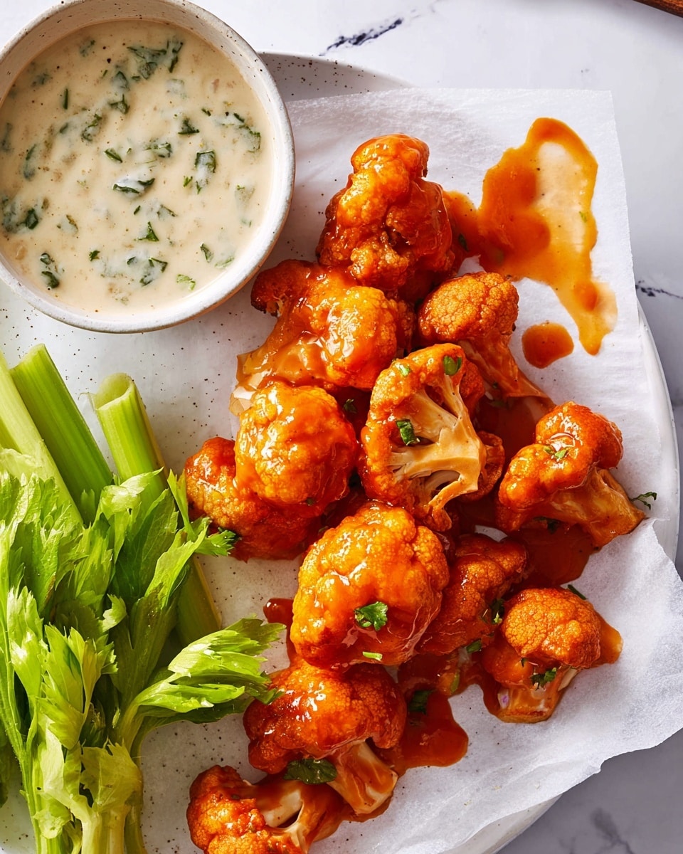 The image shows a group of crispy cauliflower pieces covered in a shiny orange-red sauce, arranged loosely on white parchment paper over a white marbled surface. The cauliflower pieces vary in size and are lightly browned in spots, giving a crunchy look. On the left side, there is a white bowl filled with a creamy, speckled light greenish sauce. Next to the bowl, fresh green celery leaves add a fresh touch, and a few celery sticks lie nearby on the right. The whole scene looks fresh and inviting, with bright, warm colors. Photo taken with an iphone --ar 4:5 --v 7