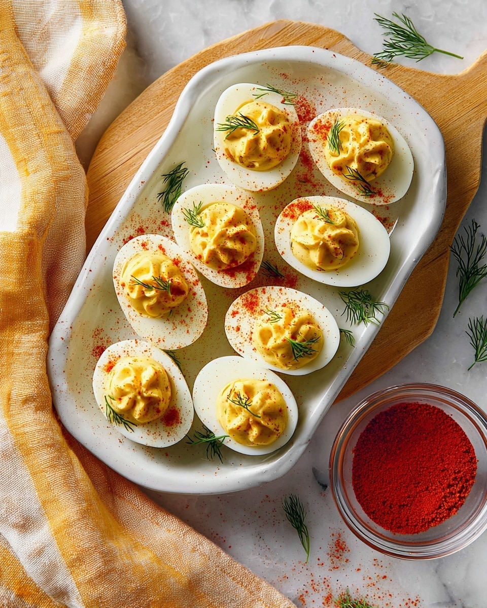The image shows a group of deviled eggs arranged on a white marbled surface. Each egg is sliced in half, revealing a smooth white outer layer holding a thick, creamy yellow filling piped in a rounded swirl in the center. The filling has a slightly glossy texture and is topped with small green chive pieces and delicate sprigs of fresh dill. Bright red paprika powder is sprinkled both on top of the filling and lightly scattered on the marbled surface around the eggs, adding vibrant spots of color. The eggs are spaced evenly, creating an inviting and fresh look. Photo taken with an iphone --ar 4:5 --v 7