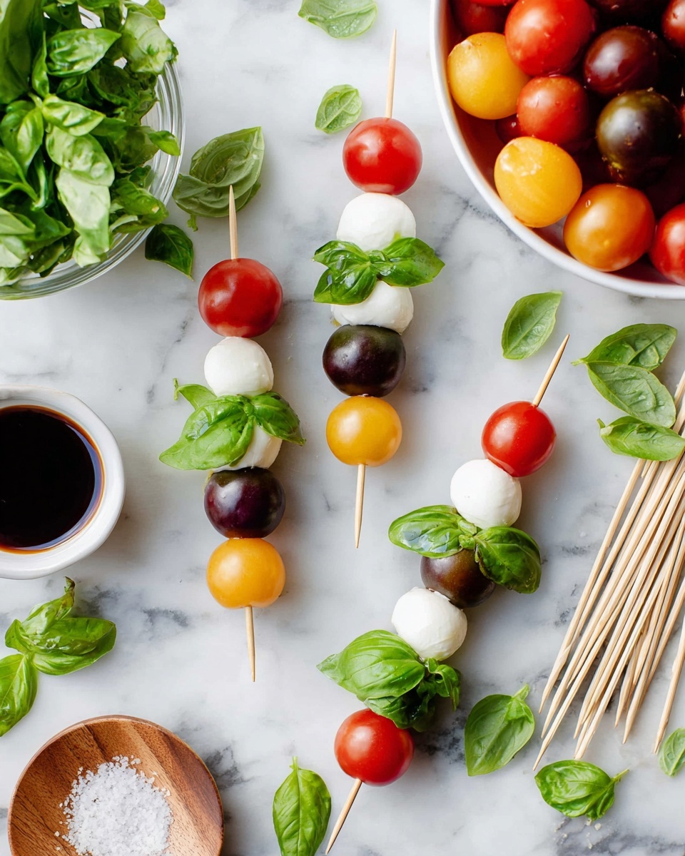 Several small skewers are laid out on a white marbled surface, each with three layers: a round cherry tomato on top in red, yellow, or dark purple; a fresh, bright green basil leaf in the middle; and a white, smooth mozzarella ball below the basil. Around the skewers, there are loose green basil leaves scattered. On the right side, there is a white bowl filled with red, yellow, and dark purple cherry tomatoes still on the vine. At the top left, a glass container holds more fresh basil leaves next to a small cup filled with soy sauce. On the bottom right, a wooden plate contains some coarse salt, and beside it, a stack of unused wooden skewers is spread out. The overall look is fresh and colorful with natural bright lighting. photo taken with an iphone --ar 4:5 --v 7