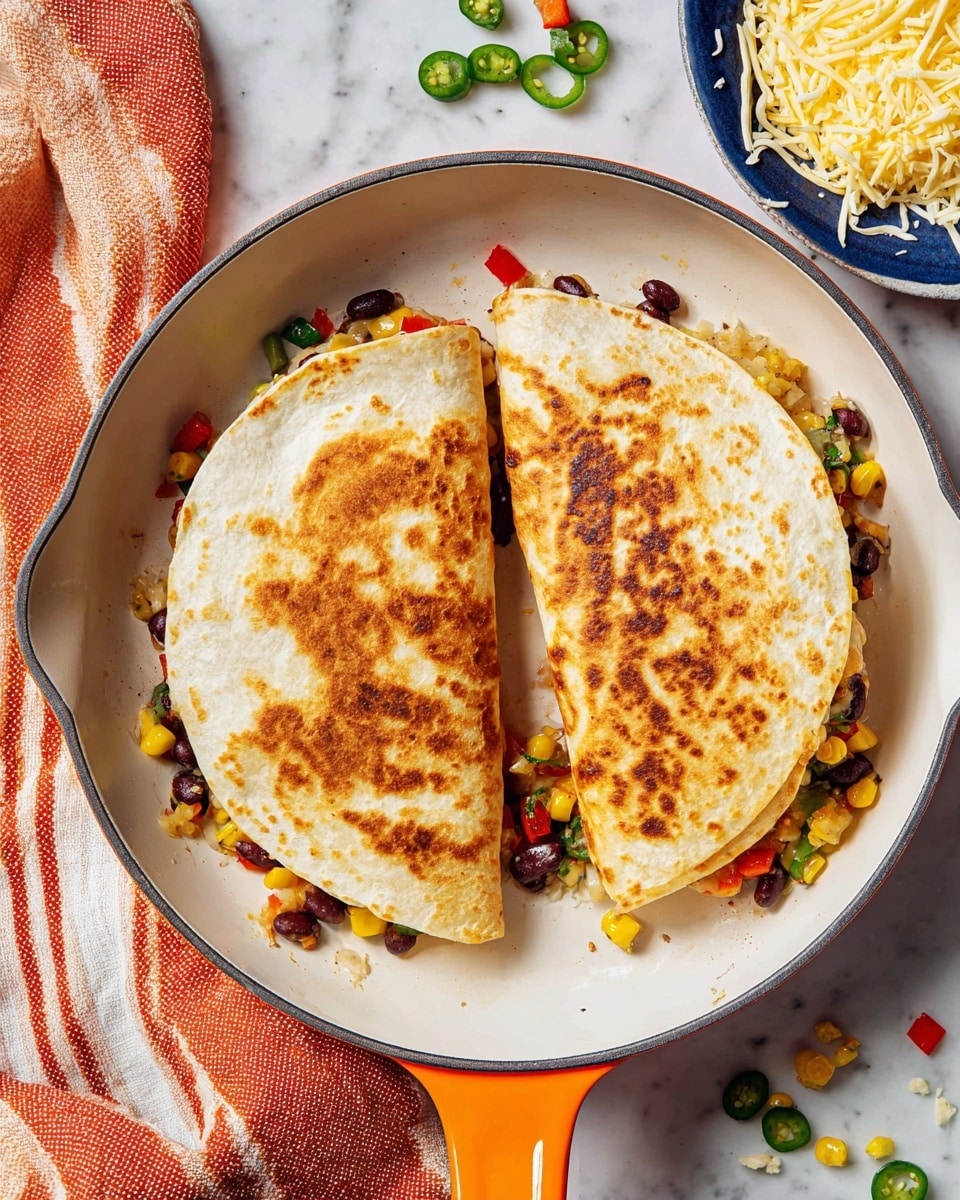 Two golden brown quesadillas are folded in half and placed side by side inside a white pan with an orange handle. The quesadillas have a crispy texture with darker brown spots from cooking. Inside, scattered fillings of black beans, yellow corn, chopped red bell pepper, and sliced green jalapeños peek out from the edges. Around the pan on a white marbled surface are loose pieces of the same vegetables, adding color to the scene. A striped orange and white cloth is draped next to the pan, and a blue plate filled with shredded white and yellow cheese sits nearby. photo taken with an iphone --ar 4:5 --v 7
