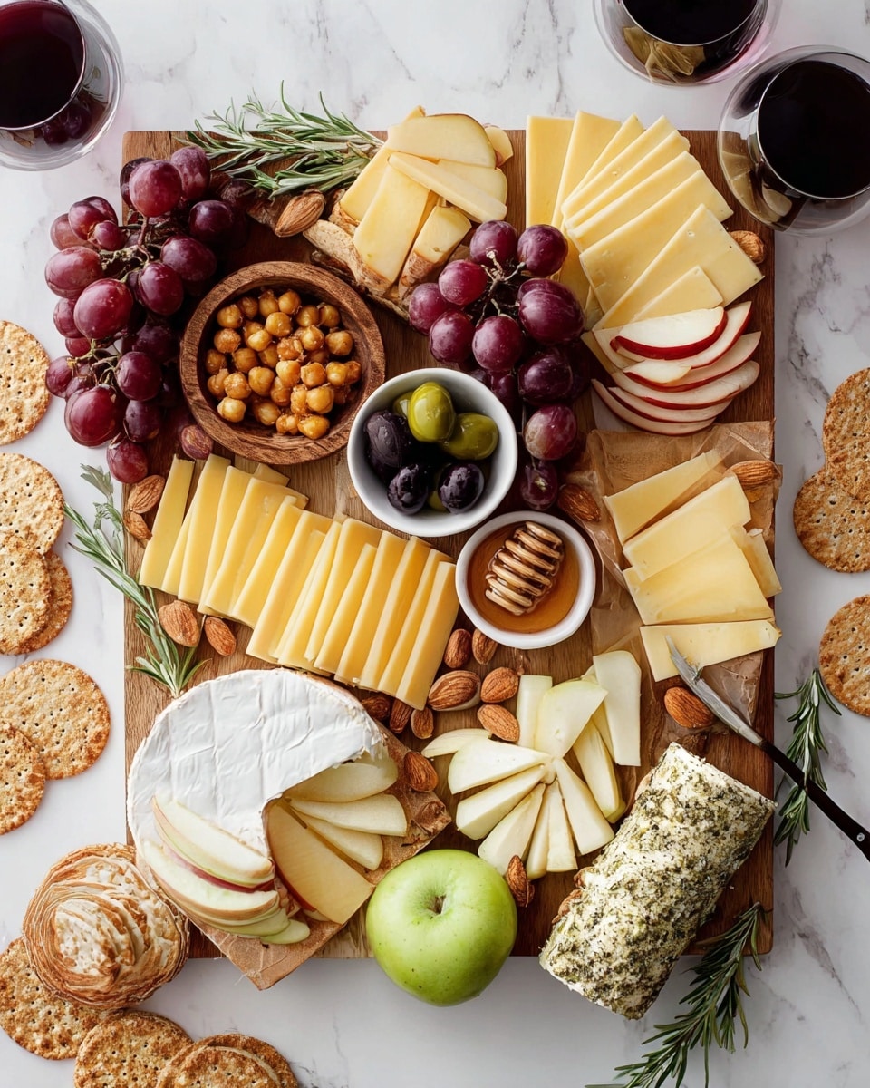 A round wooden board arranged with several layers of food: starting with a base of whole almonds spread around, thin red apple slices with bright red skin arranged in two curved sections, clusters of dark red grapes placed in four spots, and light yellow sliced cheese laid flat in small stacks; a whole wheel of white creamy cheese cut into four pieces sits near the top right; a small white bowl filled with golden roasted chickpeas is near the center; a small wooden bowl holds a mix of black and green olives; a white bowl with honey and a honey dipper rests to the right; a glass jar filled with dark red jam with a golden spoon inside is near the bottom left, next to a pile of off-white thin crackers; also included is a cylindrical white cheese coated with herbs, partly sliced at the bottom right; scattered rosemary sprigs add green touches; all these items are set on a white marbled surface photo taken with an iphone --ar 4:5 --v 7
