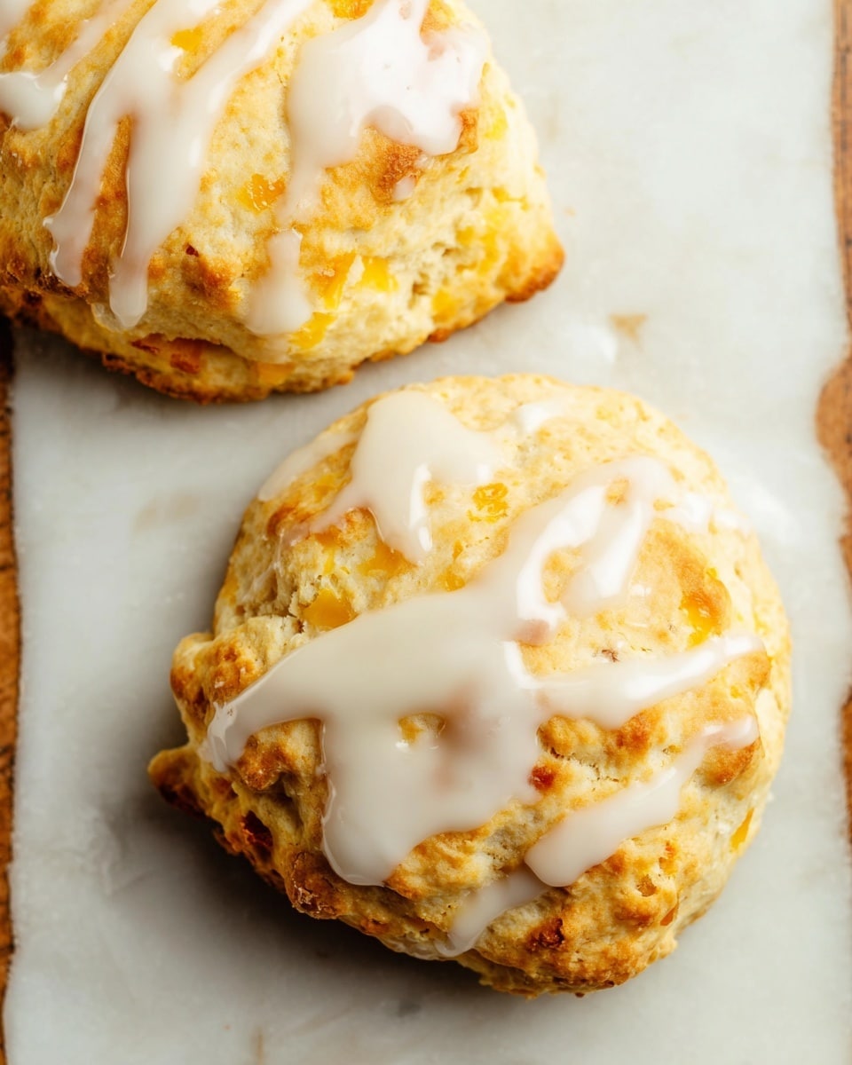 The image shows a close-up of a round biscuit with a golden brown, slightly shiny top layer that looks soft and flaky, sitting on parchment paper. The biscuit has two visible layers with a light yellowish color inside, showing bits of peach or fruit embedded. Around the biscuit are other similar biscuits, and a few slices of peach with bright orange and red skin are partly visible near the top left corner. The background has a white marbled texture. Photo taken with an iphone --ar 4:5 --v 7