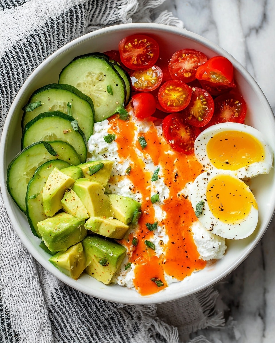 A white bowl holds a colorful layered dish on a white marbled surface with a gray and white striped cloth nearby. On the left, five slices of cucumber with green skin and pale centers are layered in a slight overlap. Next to them, a cluster of halved cherry tomatoes show deep red colors with tiny seeds inside. To the right of the tomatoes, chunks of bright green avocado are placed together. The center is filled with a creamy white cottage cheese layer, drizzled with an orange sauce with some red spots and black pepper sprinkled over it. At the bottom right are two halves of a hard-boiled egg with bright yellow yolks. Small green herb pieces are scattered over the dish. Photo taken with an iphone --ar 4:5 --v 7