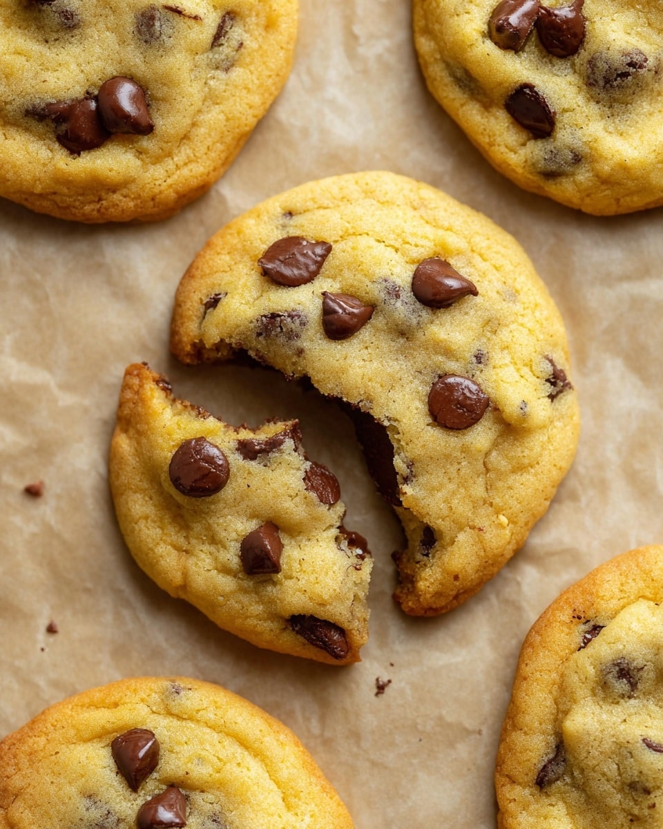 The image shows four chocolate chip cookies on a pale yellow baking paper. Each cookie is round and light golden brown with a soft texture and slightly uneven edges. The cookies have many small dark brown chocolate chips mixed inside and a few larger, glossy chocolate chips scattered on top. The cookies look warm and fresh, and the background is a white marbled texture. photo taken with an iphone --ar 4:5 --v 7