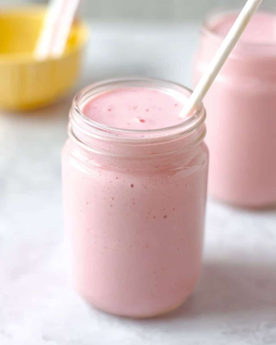 The image shows a glass jar filled with a smooth, light pink smoothie. The surface of the smoothie is even, with small bubbles on top. In the background, there is another similar jar filled with the same pink smoothie, slightly out of focus. The jars are placed on a white marbled surface with a white straw and a yellow bowl also partially visible behind them. The scene looks clean and bright. photo taken with an iphone --ar 4:5 --v 7