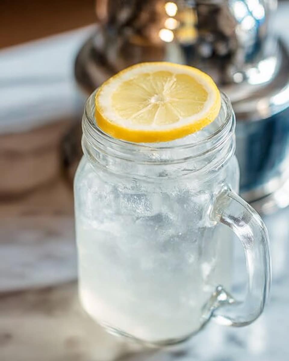 A clear glass jar with a handle is filled with ice and cold water, topped with a thin bright yellow lemon slice placed on the rim. The jar sits on a white marbled surface, with a shiny silver object blurred in the background reflecting light. The overall look is fresh and cool, showing the clear texture of the ice and water inside the glass. Photo taken with an iphone --ar 4:5 --v 7