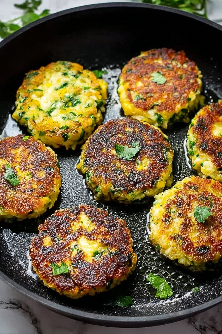 Crispy and Easy Zucchini Fritters, zucchini fritters recipe, how to make zucchini fritters, quick zucchini fritters, vegetable fritters recipe - Seven small, round fritters sit inside a black frying pan placed on a white marbled surface. Each fritter has a browned, crispy top layer that is golden and slightly charred, with green flecks of herbs visible throughout. The thickness of the fritters is medium, showing a soft, lightly textured green and yellow mix below the crispy layer. A few small fresh green leaves are scattered on top of some fritters, adding contrast to the warm tones. The oil around the fritters gives a slight shine to the pan's surface. Photo taken with an iphone --ar 2:3 --v 7