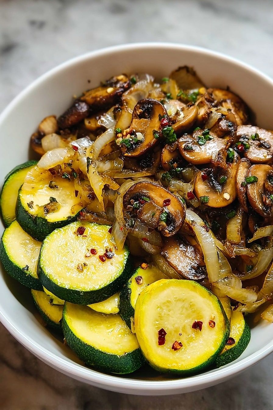 Sauteed Zucchini, Mushrooms, and Onions, sautéed vegetable side dish, quick veggie side recipe, healthy vegetable side, easy sautéed vegetables - A white bowl filled with three visible layers of cooked vegetables: the bottom layer has thick, round slices of bright green zucchini with soft yellow centers, the middle layer shows soft, translucent cooked onion strips with light brown edges, and the top layer features browned, sliced mushrooms with a slightly caramelized texture, garnished with small green herb bits and red chili flakes, all sitting on a white marbled surface photo taken with an iphone --ar 2:3 --v 7