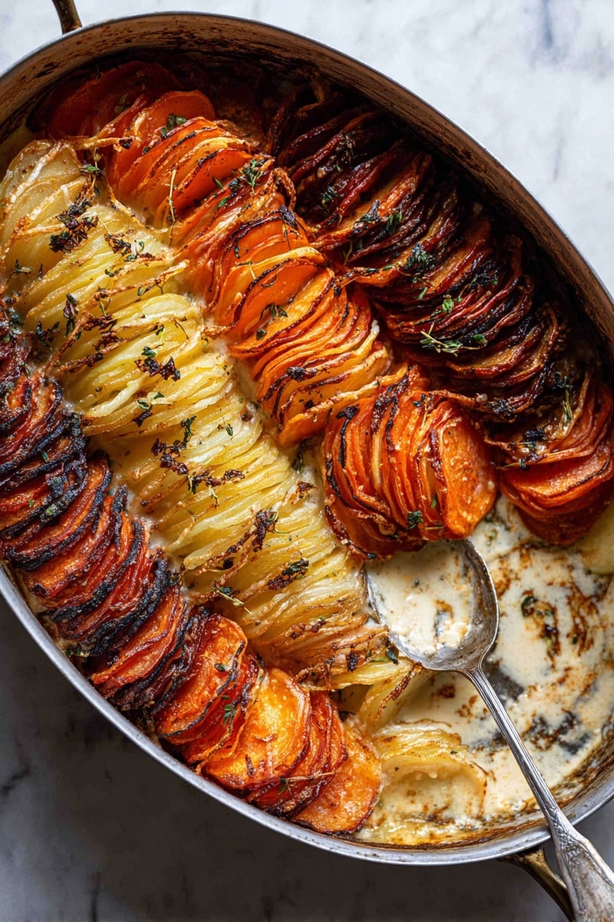 Cheesy Root Vegetable Gratin, root vegetable gratin, cheesy vegetable casserole, creamy root vegetable bake, winter vegetable side dish - In an oval metal baking dish, there are five neat rows of thinly sliced vegetables arranged in layers. From top left to bottom right, the first layer is orange sweet potatoes with a slightly charred and crispy edge, the second layer is white potatoes with a golden, slightly browned top, the third layer is dark purple potatoes with a roasted, textured surface, the fourth layer is orange sweet potatoes again with a crispy top, and the fifth layer is light yellow potatoes with a lightly browned crust. Small green herb leaves, likely thyme, are scattered on top. A large metal spoon rests inside the dish on a white marbled surface background. photo taken with an iphone --ar 2:3 --v 7