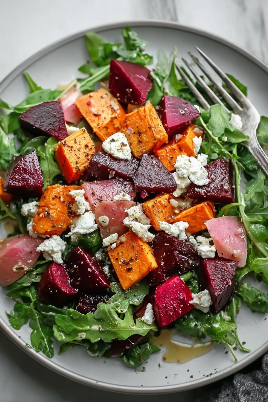 Creamy Roasted Beet Salad with Sweet Potato & Feta, roasted beet salad, healthy beet salad, vegetarian beet salad, easy roasted veggie salad - A white plate holds a fresh salad on a white marbled background, with a layer of green leafy arugula at the bottom. On top are chunks of orange roasted sweet potatoes and deep red beet pieces, both cut into medium-sized cubes and wedges, scattered evenly across the greens. White crumbles of soft cheese are sprinkled generously over the vegetables, adding a creamy texture contrast. The salad is finished with a light drizzle of dressing and a sprinkle of black pepper for extra detail. A silver fork rests on the right side of the plate, leaning slightly over the salad, with a soft natural light highlighting the fresh ingredients. Photo taken with an iphone --ar 2:3 --v 7