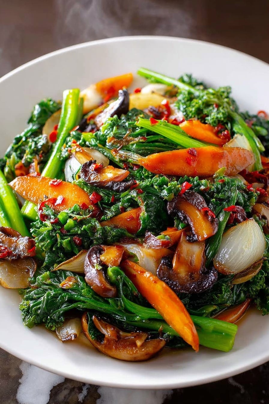 Healthy Sautéed Vegetables, quick veggie side, nutritious vegetable stir-fry, flavorful vegetable side dish, easy healthy vegetable recipe - The dish is a colorful stir-fry served on a white plate. It has several layers including bright green leafy vegetables and stems, orange carrot slices, browned and tender mushroom pieces, and caramelized white onion chunks. The vegetables look fresh and slightly shiny with some light charring on the onions and mushrooms. Small bits of red chili flakes are scattered throughout, adding a touch of contrast. The steam rising from the plate shows the dish is hot and freshly cooked, set against a white marbled surface. photo taken with an iphone --ar 2:3 --v 7