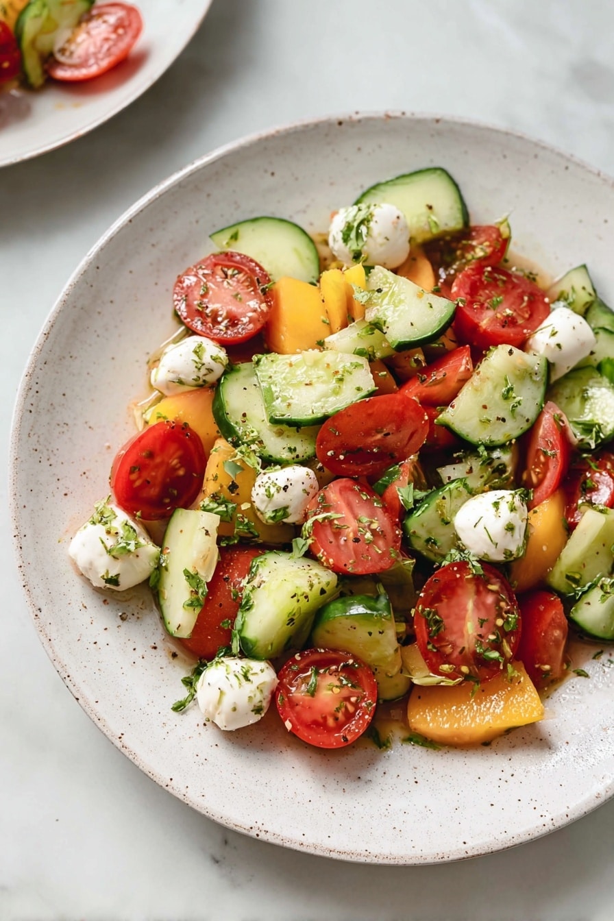 Cherry Tomato Salad with Nectarines, Cherry Tomato Salad, Fresh Fruit Salad, Summer Fruit Salad, Easy Vegetable and Fruit Salad - The dish is a fresh salad served on a white plate with a speckled texture. The salad has three main layers: bright red cherry tomato halves, light green cucumber slices, and small white mozzarella balls scattered throughout. There are also small yellow peach pieces mixed in, and the ingredients are all coated lightly with green chopped herbs and a shine of dressing. The plate rests on a white marbled surface with soft light coming from the top left. photo taken with an iphone --ar 2:3 --v 7