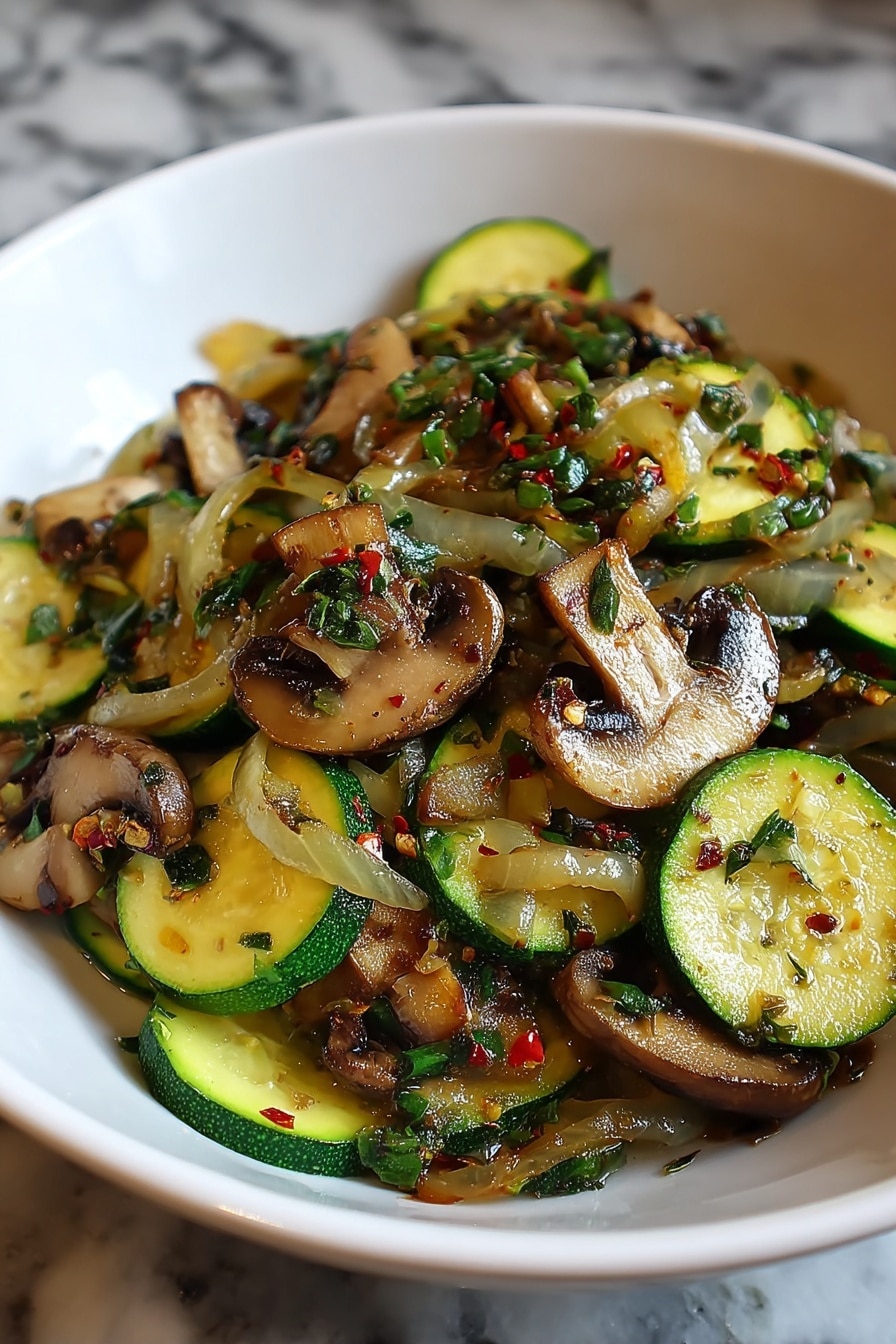 Sauteed Zucchini, Mushrooms, and Onions, sautéed vegetable side dish, quick veggie side recipe, healthy vegetable side, easy sautéed vegetables - A white bowl holds a colorful mix of cooked vegetables with three main layers: at the bottom are round slices of green zucchini with a soft, slightly shiny texture; the middle layer has caramelized onion strips that are translucent with a light brown edge; scattered on top are browned mushroom slices with a slightly crispy look and small bits of green herbs and red chili flakes spread throughout. The bowl sits on a white marbled surface. Photo taken with an iphone --ar 2:3 --v 7
